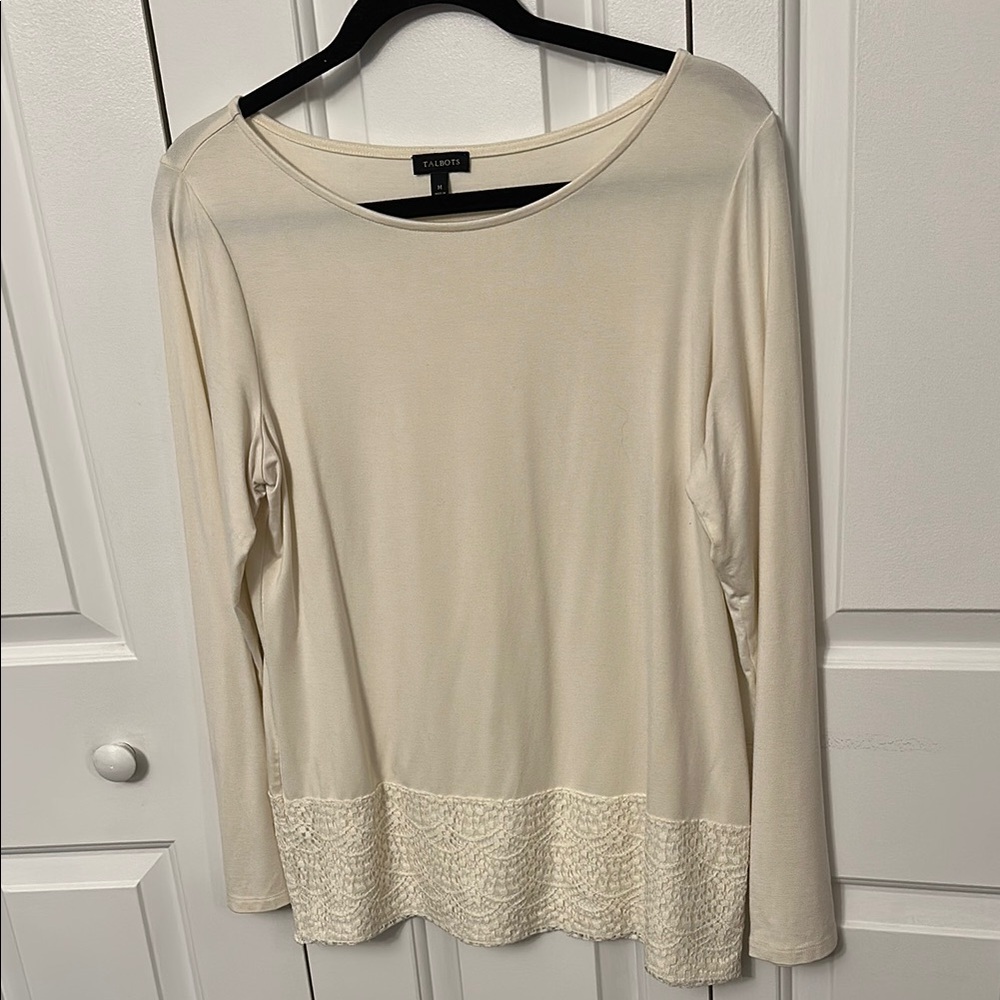 Talbots Cream Long Sleeve Top with Lace Trim